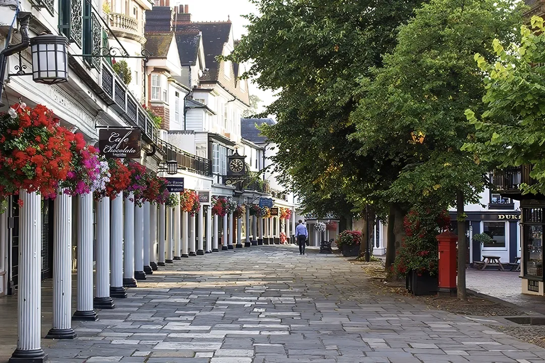 A pedestrianised shopping street in Historic Royal Tunbridge Wells